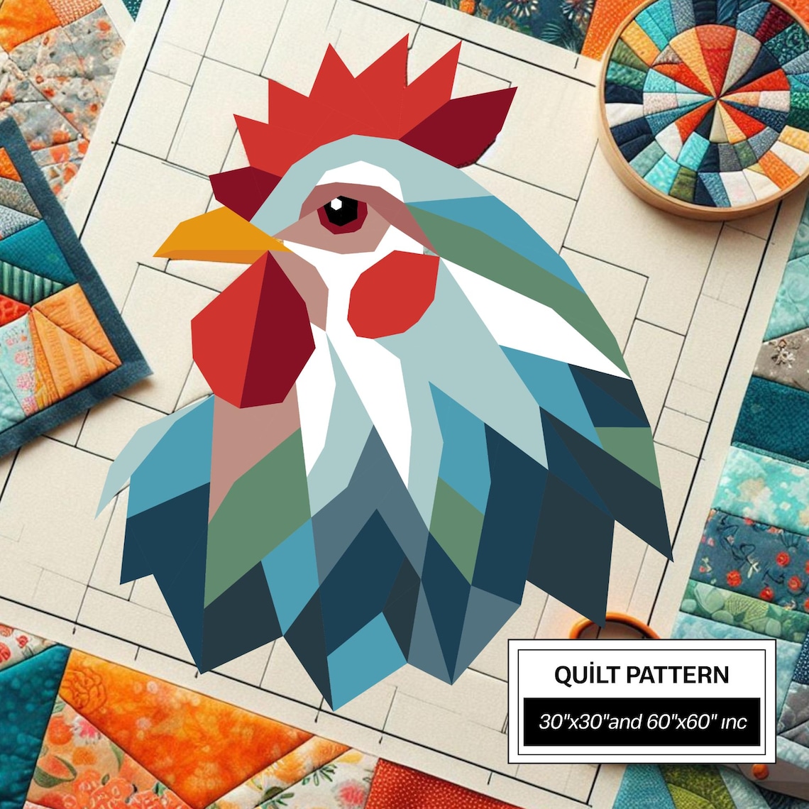 Chicken FPP Quilt Pattern: Modern FPP • Animal Patchwork Quilt Block ...