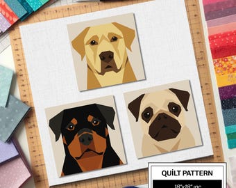 Patrón de colcha FPP para perros Labrador Retriever, Pug y Rottweiler: Bloque de colcha fácil para principiantes • Plantillas FPP • FPP moderno • Bloque de patchwork de animales