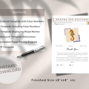 May include: Digital download image with a seahorse design and the text "Thank You". The image includes a list of contents and a finished size of 45.72cm x 45.72cm. A pen is placed on the surface.