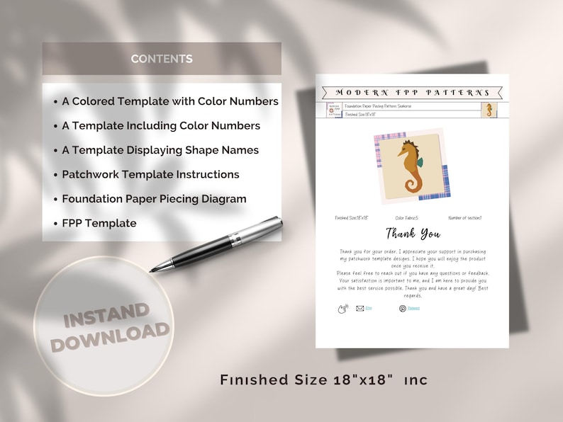 May include: Digital download image with a seahorse design and the text "Thank You". The image includes a list of contents and a finished size of 45.72cm x 45.72cm. A pen is placed on the surface.