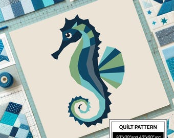Modello per trapunta FPP con cavalluccio marino: FPP moderno • Blocco per trapunta patchwork con animali • FPP Vorlagen (20x30/40x60 pollici)