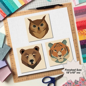 Tiger Bear Owl Quilt Pattern: FPP Patchwork Sewing Template (PDF Pattern, 18x18 inches)