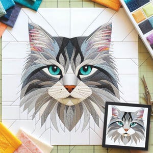 Cat FPP Quilt Pattern: Modern FPP • Animal Patchwork Quilt Block • FPP Vorlagen (30x35/60x65 inches)