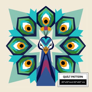 Patrón de colcha FPP de pavo real: FPP moderno • Bloque de colcha de patchwork animal • Plantillas FPP (30x30/60x60 pulgadas)