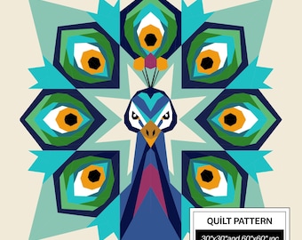 Modello per trapunta FPP con pavone: FPP moderno • Blocco per trapunta patchwork con animali • FPP Vorlagen (30x30/60x60 pollici)