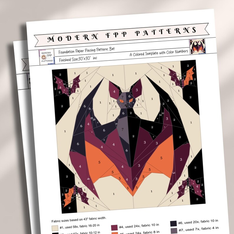 Bat FPP Quilt Pattern: Modern FPP • Animal Patchwork Quilt Block • FPP ...