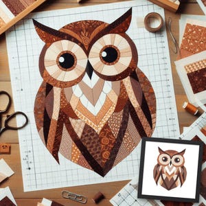 Uil FPP Quiltpatroon: Modern FPP • Quiltblok met dierenpatchwork • FPP-sjablonen (76x89 cm / 152x164 cm)