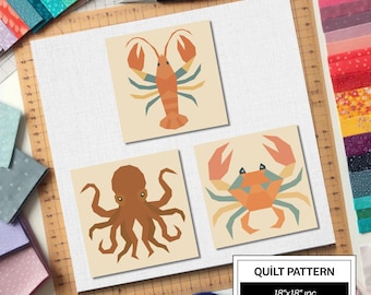 Patrón de colcha de langosta, cangrejo y pulpo FPP: Bloque de colcha fácil para principiantes • Plantillas FPP • FPP moderno • Bloque de colcha de patchwork de animales