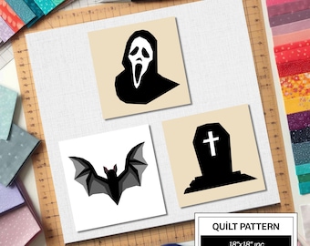 Halloween Tombstone Spooky Mask Bat FPP Quilt Pattern: Modern FPP • Easy Beginner Quilt Block • FPP Vorlagen