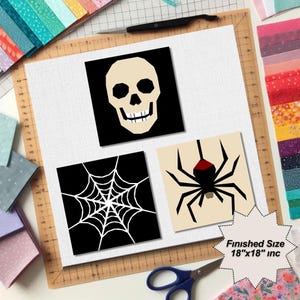 ハロウィン スパイダーウェブ スカル スパイダー キルト パターン: FPP パッチワーク テンプレート (PDF ダウンロード)