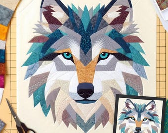 Wolf FPP Quilt Pattern: Modern FPP • Animal Patchwork Quilt Block • FPP Vorlagen (30x35/60x65 inches)