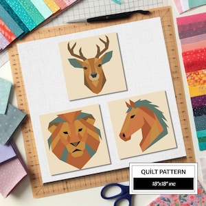 Horse Lion Deer FPP Quilt Pattern: Easy Beginner Quilt Block • FPP Vorlagen • Modern FPP • Animal Patchwork Quilt Block
