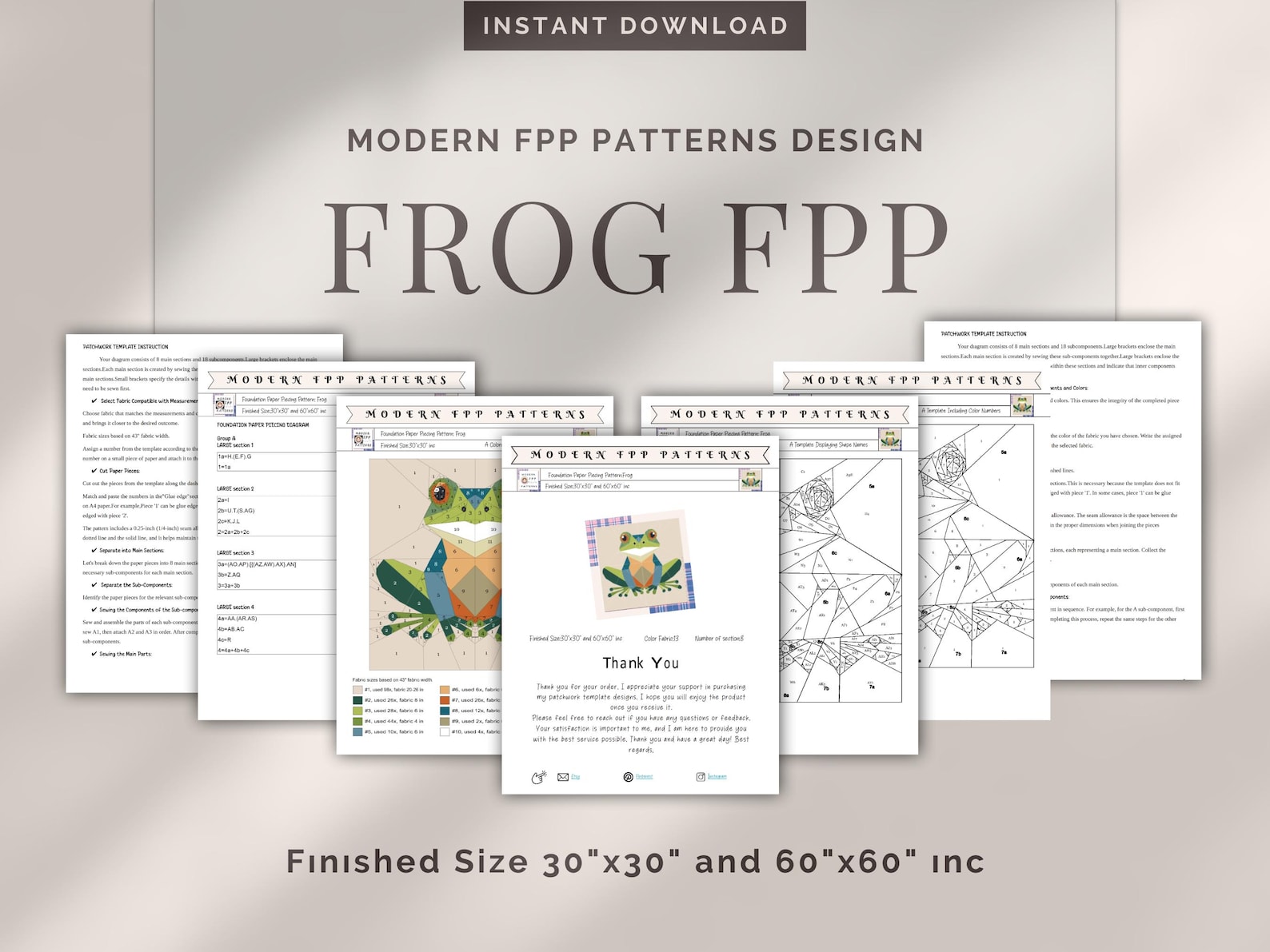 Frog FPP Quilt Pattern: Modern FPP • Animal Patchwork Quilt Block • FPP ...