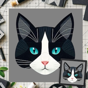 Tuxedo Cat FPP Quilt Pattern: Modern FPP • Animal Patchwork Quilt Block • FPP Vorlagen (30x30/60x60 inches)