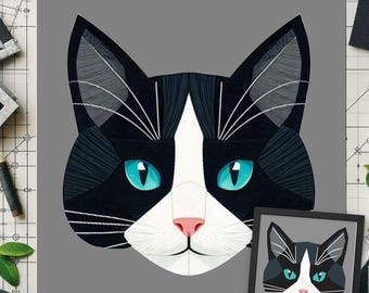 Tuxedo Cat FPP Quilt Pattern: Modern FPP • Animal Patchwork Quilt Block • FPP Vorlagen (30x30/60x60 inches)