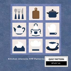 May include: A quilt pattern titled Kitchen Utensils FPP Patterns measuring 76 by 61 cm. The design features a grid of nine squares on a blue background, displaying icons of cutlery, a cutting board, a pot, a teapot, an apron, an oven mitt, a tissue box, a chef hat, and a teacup.