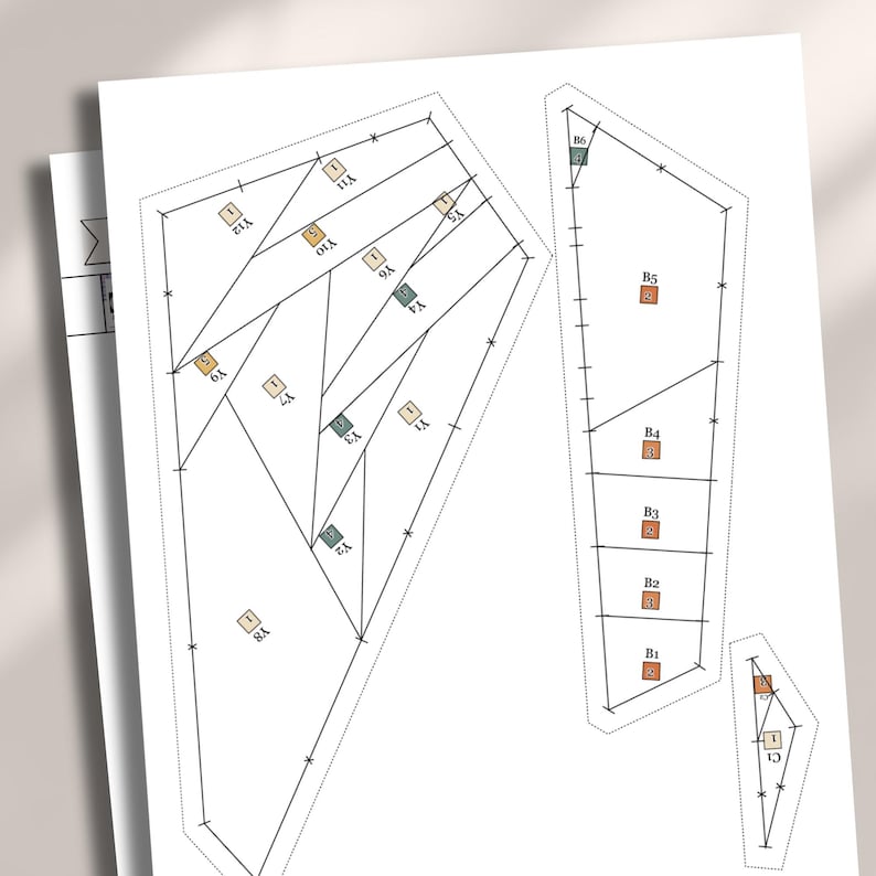 May include: A paper sewing pattern with a geometric design. It features various shapes and lines, with small squares marked with letters and numbers. The colour scheme includes beige, brown, and green accents.
