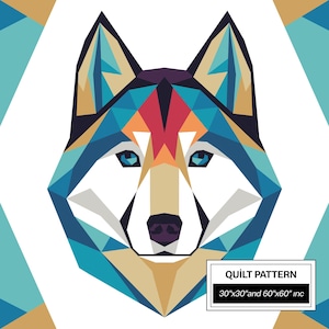 シベリアンハスキーFPPキルトパターン：モダンFPP・アニマルパッチワークキルトブロック・FPPテンプレート（30x30/60x60インチ）