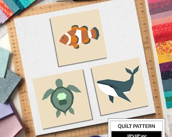 Modello per trapunta FPP con pesce pagliaccio, balena e tartaruga: blocco per trapunta facile per principianti • FPP Vorlagen • FPP moderno • Blocco per trapunta patchwork con animali