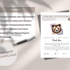 May include: A digital download for a modern bear patchwork quilt pattern. The listing includes a colored template with color numbers, a template including color numbers, a template displaying shape names, patchwork template instructions, a foundation paper piecing diagram, and an FPP template. The listing also includes the text "Modern FPP Patterns".