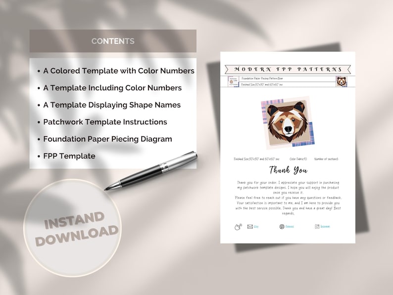 May include: A digital download for a modern bear patchwork quilt pattern. The listing includes a colored template with color numbers, a template including color numbers, a template displaying shape names, patchwork template instructions, a foundation paper piecing diagram, and an FPP template. The listing also includes the text "Modern FPP Patterns".