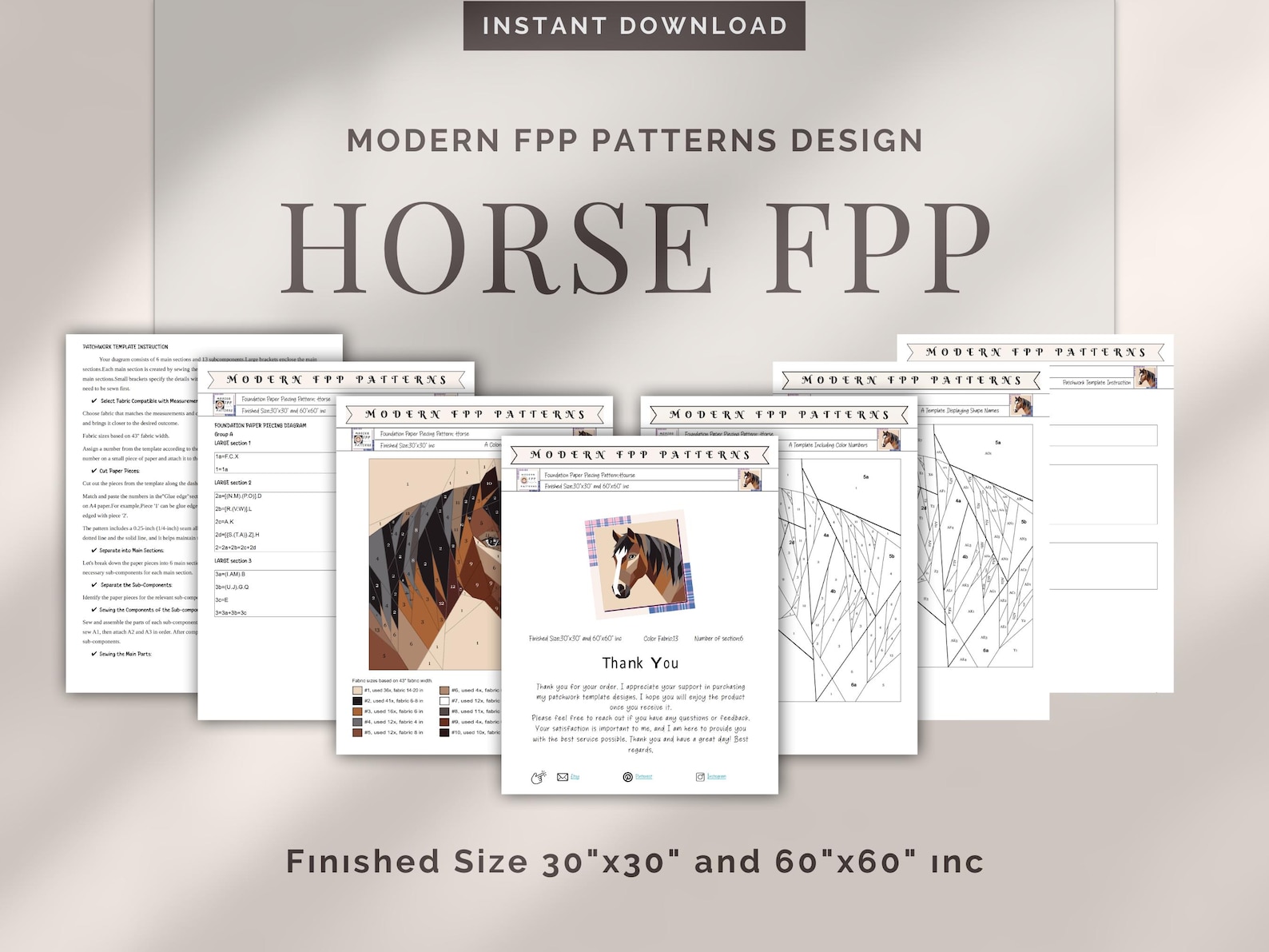 Horse FPP Quilt Pattern: Modern FPP • Animal Patchwork Quilt Block ...