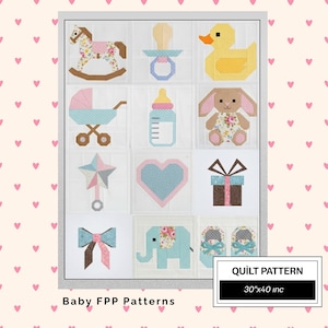 May include: A quilt pattern featuring twelve individual blocks with baby-themed designs including a rocking horse, pacifier, duck, stroller, bottle, rabbit, star, heart, gift, bow, elephant, and shoes. The text reads QUILT PATTERN 30"x40 inc.