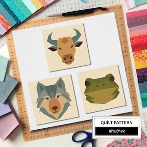 Frog Wolf Bull FPP Quilt Pattern: Easy Beginner Quilt Block • FPP Vorlagen • Modern FPP • Animal Patchwork Block