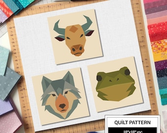 Frog Wolf Bull FPP Quilt Pattern: Easy Beginner Quilt Block • FPP Vorlagen • Modern FPP • Animal Patchwork Block