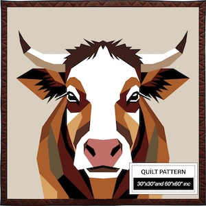Bull FPP Quilt Pattern: Modern FPP • Animal Patchwork Quilt Block • FPP Vorlagen (30x30/60x60 inches)