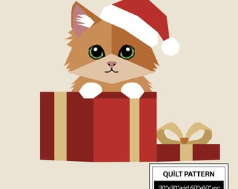 Christmas Cat FPP Quilt Pattern: Modern FPP • Christmas Patchwork Quilt Block • FPP Vorlagen (30x30/60x60 inches)