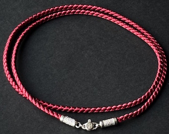 Dark Red Silk Cord Necklace: Braided 925 Sterling Silver Clasp