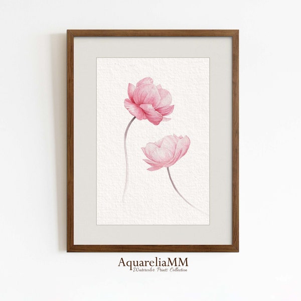 Watercolor Flower Pink Peony Painting, Blush Floral Artwork, Shabby Chic Minimalist Art Modern Living Room Decor, Botanical Nursery Print