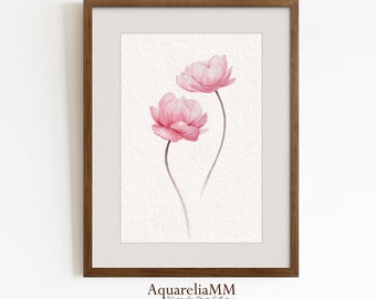 2 Pink Peony Watercolor Painting, Peony Flower Painting, Light Pink Plant Print, Botanical Large Wall Decor, Giclee Peony Contemporary Art