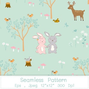 以下が含まれることがあります： 薄い青色の背景に、ウサギ、リス、鳥、鹿など、さまざまな森の生き物が描かれたシームレスなパターン。パターンには、木、キノコ、花も含まれています。