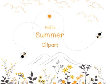 May include: A digital illustration of a summer scene with a yellow sun, two bees, a mountain range, and a field of yellow and orange flowers. The text "Hello Summer Clipart" is written in orange letters.