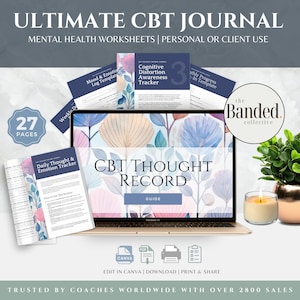 May include: A digital CBT journal displayed on a laptop, with additional worksheets and templates. The journal features a floral design and the text "CBT Thought Record." The image includes a candle, a plant, and the text "Ultimate CBT Journal."