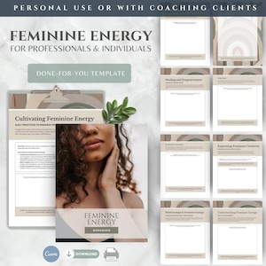 以下が含まれることがあります： Feminine Energy for Professionals & Individualsというタイトルのデジタルワークブックテンプレート。ニュートラルな色調の抽象的なアーチデザイン、テキストヘッダー、巻き毛の人物が写った表紙など、複数のページレイアウトで構成されています。