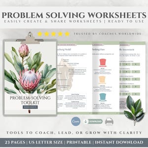 May include: A problem-solving toolkit consisting of 23 printable worksheets in US letter size. The cover features a pink protea flower illustration. Interior pages include an iceberg model diagram, thinking hats, and a skills assessment chart.