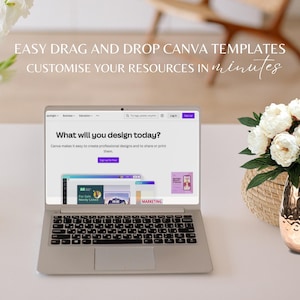 Może przedstawiać: Srebrny laptop wyświetlający stronę internetową Canva z tekstem "What will you design today?" oraz "Canva makes it easy to create professional designs and to share or print them." Na ekranie widnieje r&oacute;wnież napis "EASY DRAG AND DROP CANVA TEMPLATES CUSTOMISE YOUR RESOURCES IN MINUTES."
