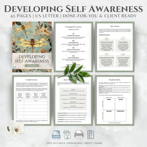 Puede incluir: Un cuaderno de trabajo de 41 páginas sobre el desarrollo de la autoconciencia en formato US Letter. El conjunto incluye una portada con ilustraciones de libélulas, un esquema del curso y hojas de trabajo sobre crecimiento personal y la ventana de Johari.