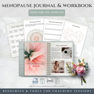 Peut inclure: Un modèle de journal et cahier d'exercices sur la ménopause comprenant un agenda à spirales avec une couverture fleurie rose, des pages volantes intitulées The Emotions Wheel, Menopause Questionnaire et Mood Tracker, et des icônes Canva, PDF.