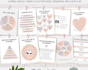 Juego de tarjetas y pósteres de autocuidado, decoración para consultorio de terapia (descarga digital)