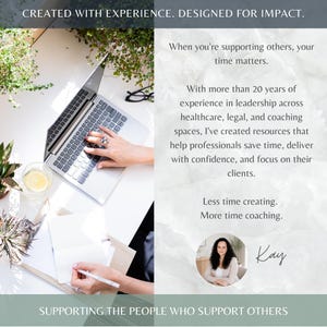 Może przedstawiać: Cyfrowa grafika przedstawiająca laptopa, notatnik i długopis na biurku. Tekst brzmi: CREATED WITH EXPERIENCE. DESIGNED FOR IMPACT. When you're supporting others, your time matters. Less time creating. More time coaching. Kay. SUPPORTING THE PEOPLE WHO SUPPORT OTHERS.