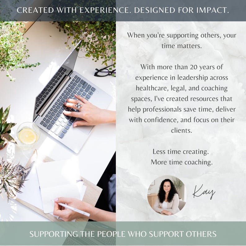 Może przedstawiać: Cyfrowa grafika przedstawiająca laptopa, notatnik i długopis na biurku. Tekst brzmi: CREATED WITH EXPERIENCE. DESIGNED FOR IMPACT. When you're supporting others, your time matters. Less time creating. More time coaching. Kay. SUPPORTING THE PEOPLE WHO SUPPORT OTHERS.