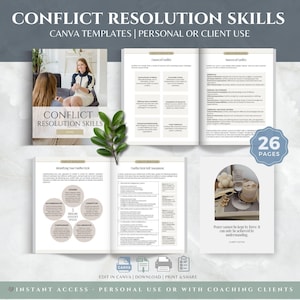May include: A set of 26-page Canva templates titled Conflict Resolution Skills, featuring instructional text, charts, and diagrams on white pages. The layout includes sections on causes, sources, and self-assessment styles, with a decorative green leaf.
