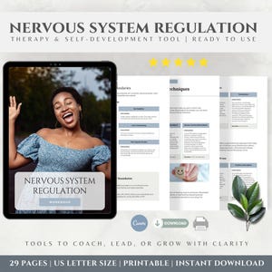 May include: A digital nervous system regulation workbook displayed on a tablet screen next to printed pages featuring therapy techniques, instructions, and a five-star rating. The document includes text, a small smiley face icon, and green leaf graphics.