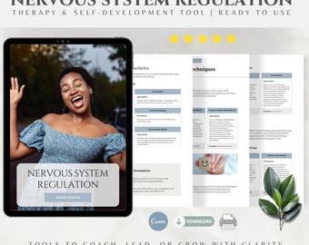 Op de afbeelding: Een digitaal werkboek voor zenuwstelselregulatie op een tabletscherm naast geprinte pagina's met therapietechnieken, instructies en een vijfsterrenbeoordeling. Het document bevat tekst, een smiley-icoon en afbeeldingen van groene bladeren.