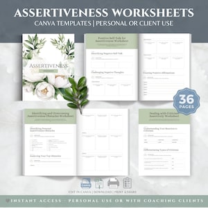 May include: A workbook titled "Assertiveness Worksheets" with a floral cover design. The pages inside include worksheets for self-talk, identifying negative thoughts, and dealing with criticism. The workbook is 36 pages and is for personal or client use.