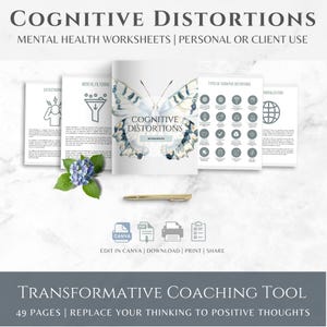 Cognitive Distortion Therapy for Life Coaching, Coping Skills,  DBT Unhelpful Thinking Patterns, Calm Down Corner, Canva Template